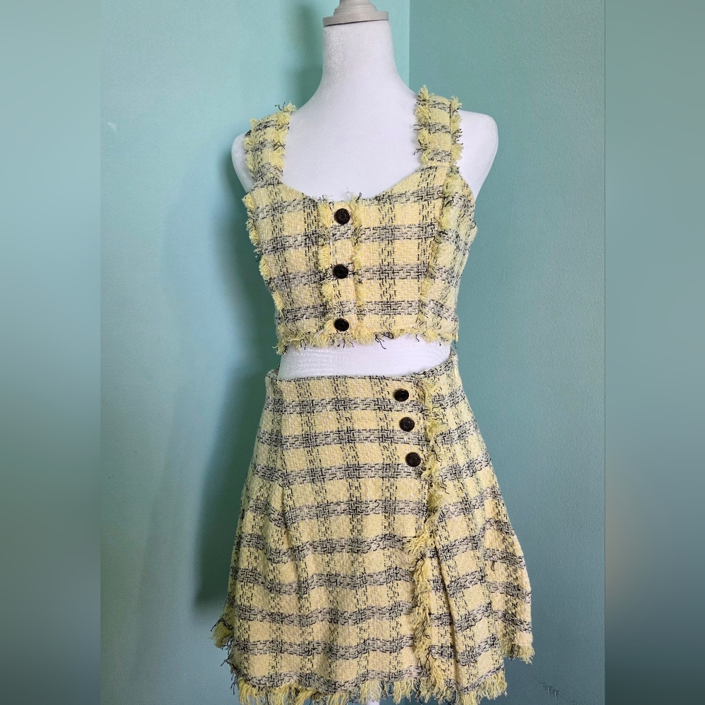 Zara Yellow Two Piece Tweed Skirt Set